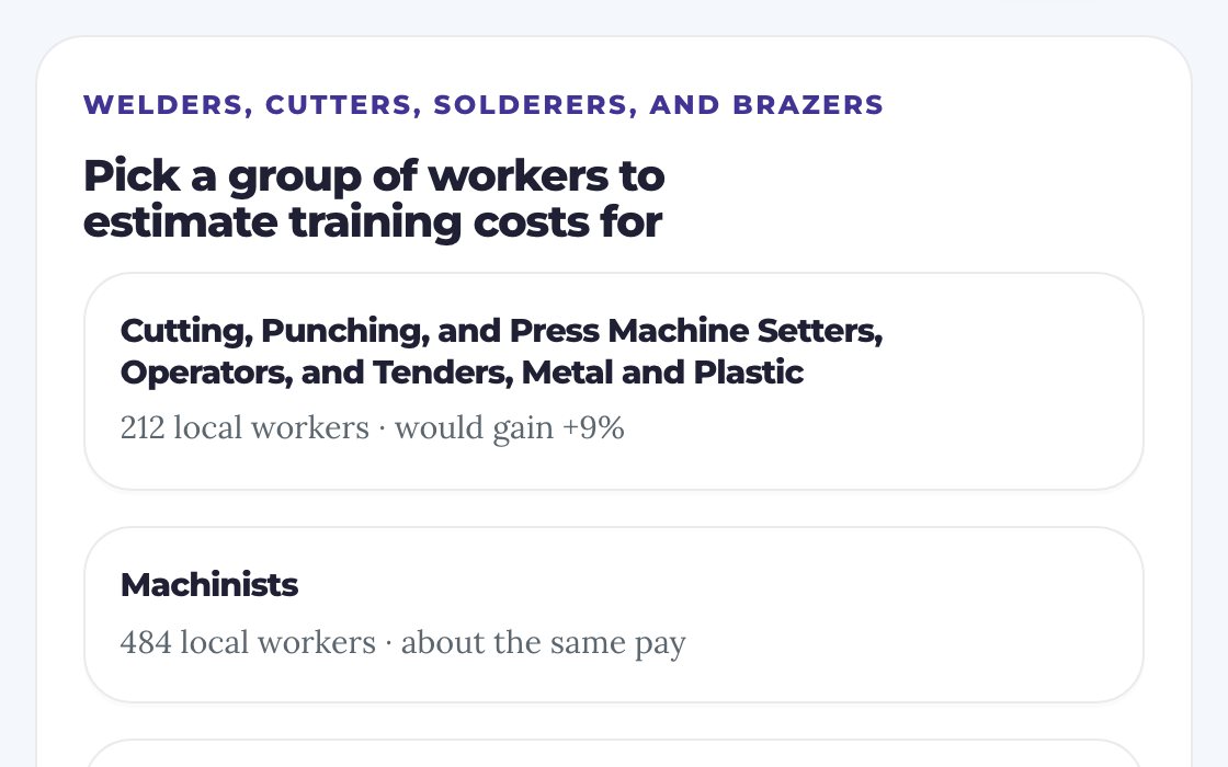 Screenshot of the training cost tool for welders: related jobs a company could train from