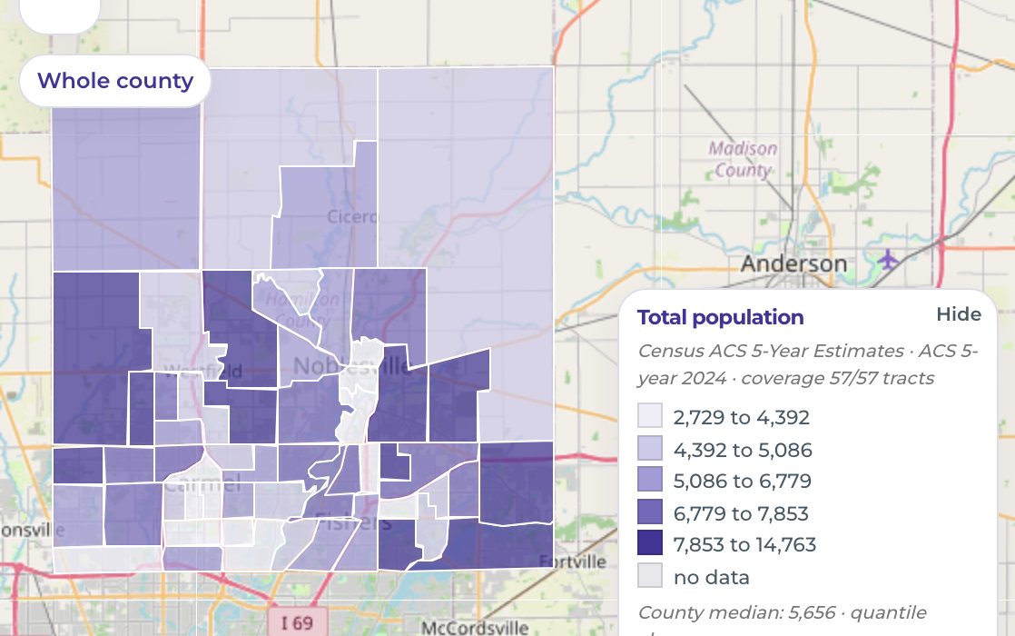 Screenshot of the census tract map, shaded by population