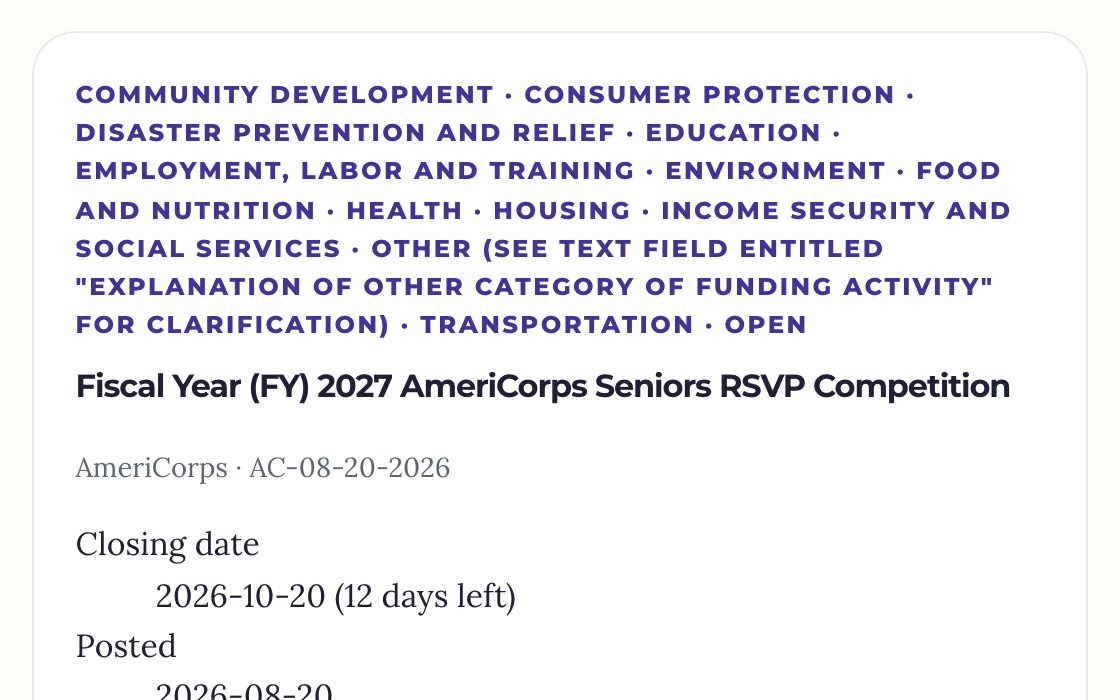 Screenshot of a federal grant notice from the grant search, with its closing date