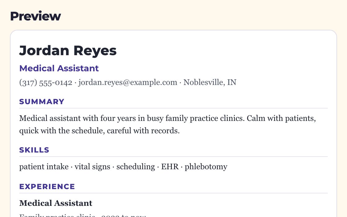 Screenshot of the resume builder's live preview for a sample person